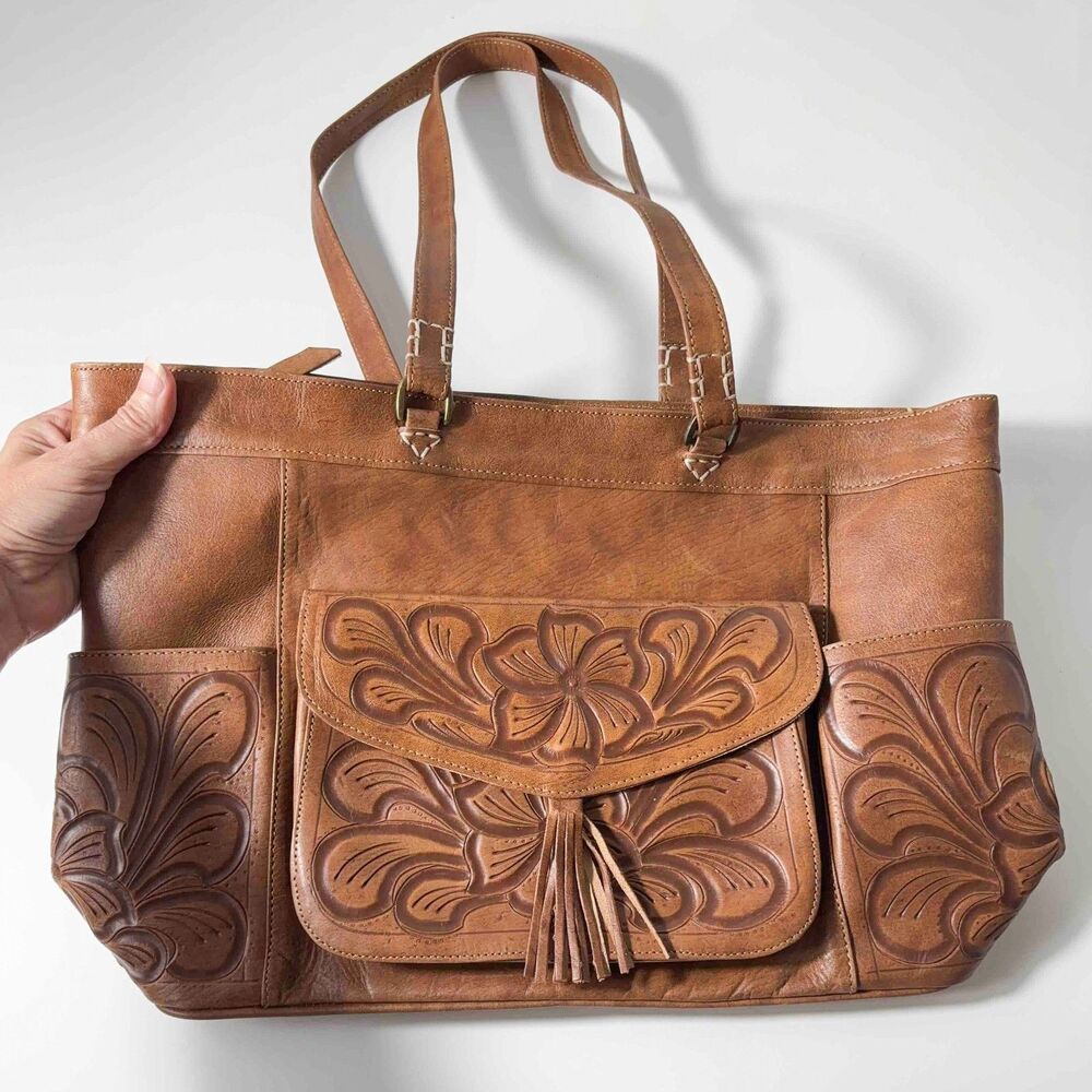 Leaders In Leather Hand-Tooled Tote Bag Brown Floral Boho Western Shoulder